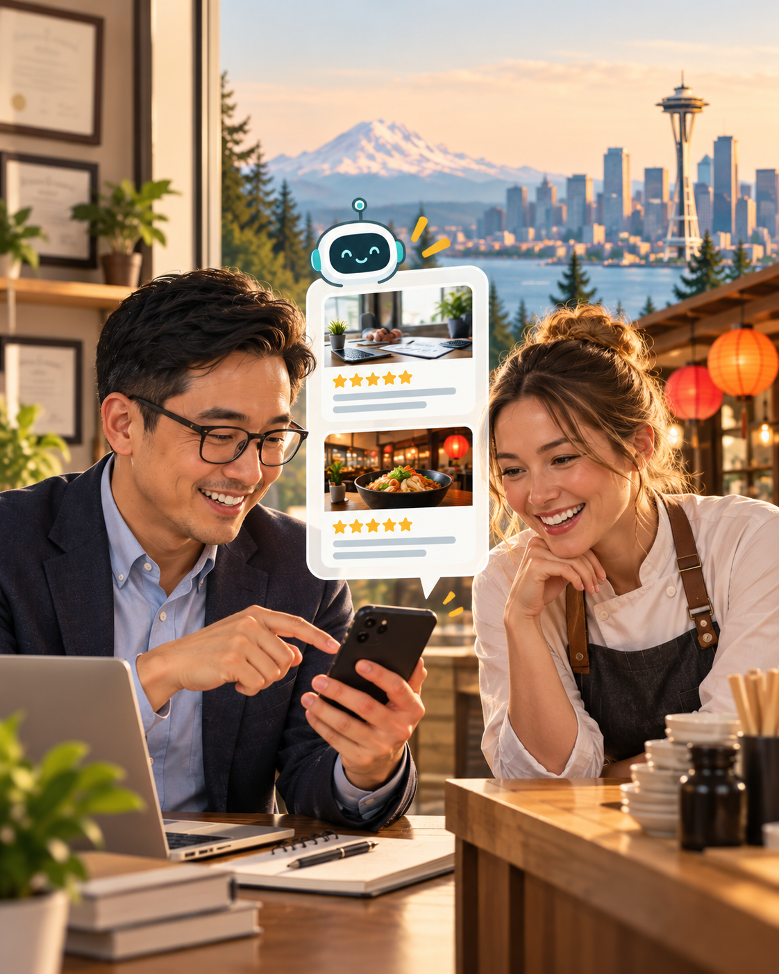 Business owners reviewing AI recommendations on a phone