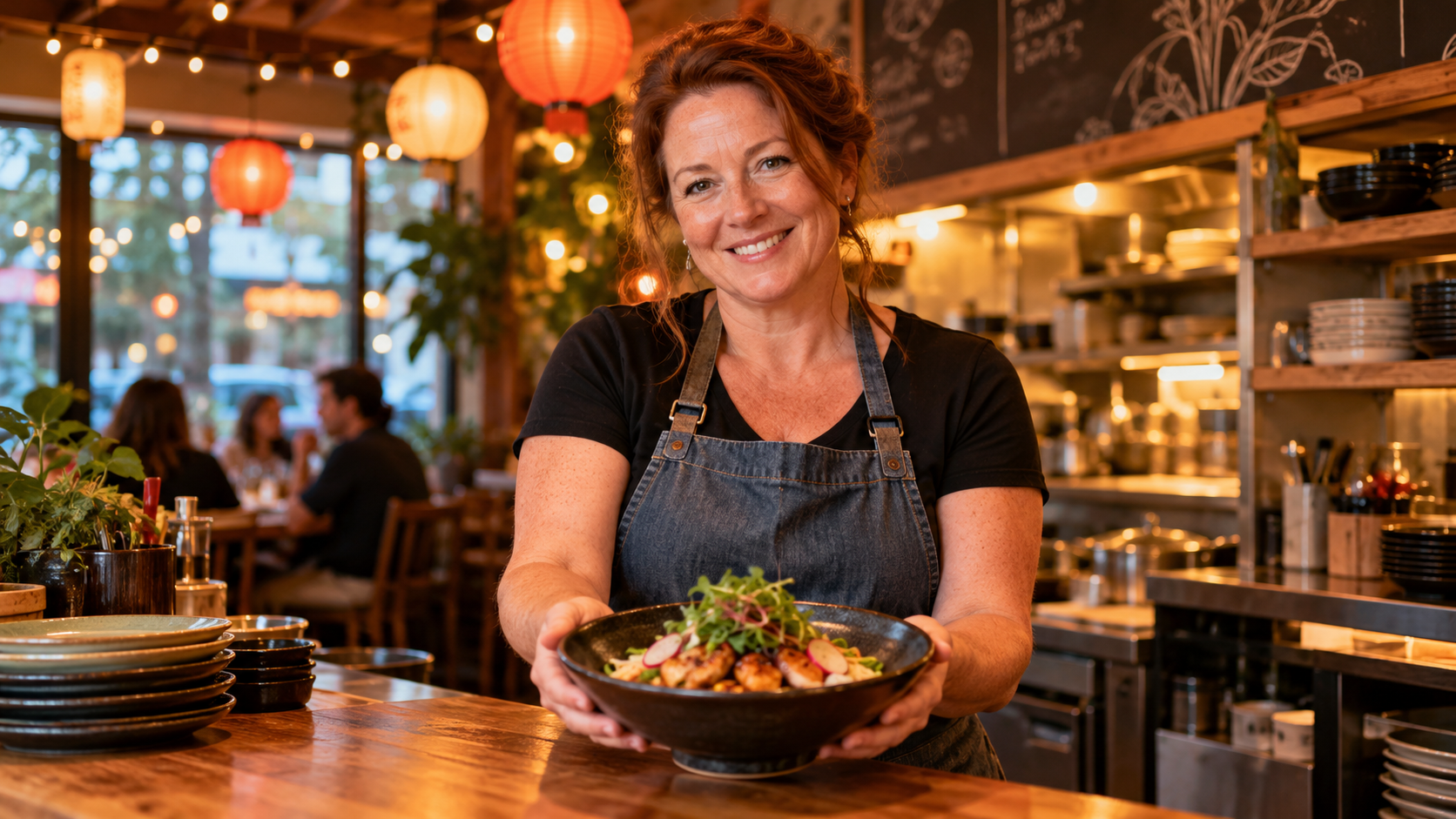 Restaurant owner serving a dish