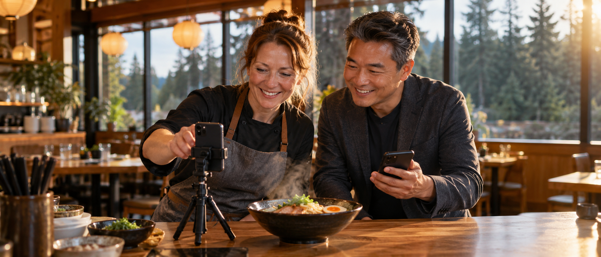 Restaurant owner filming a noodle bowl for short-form video